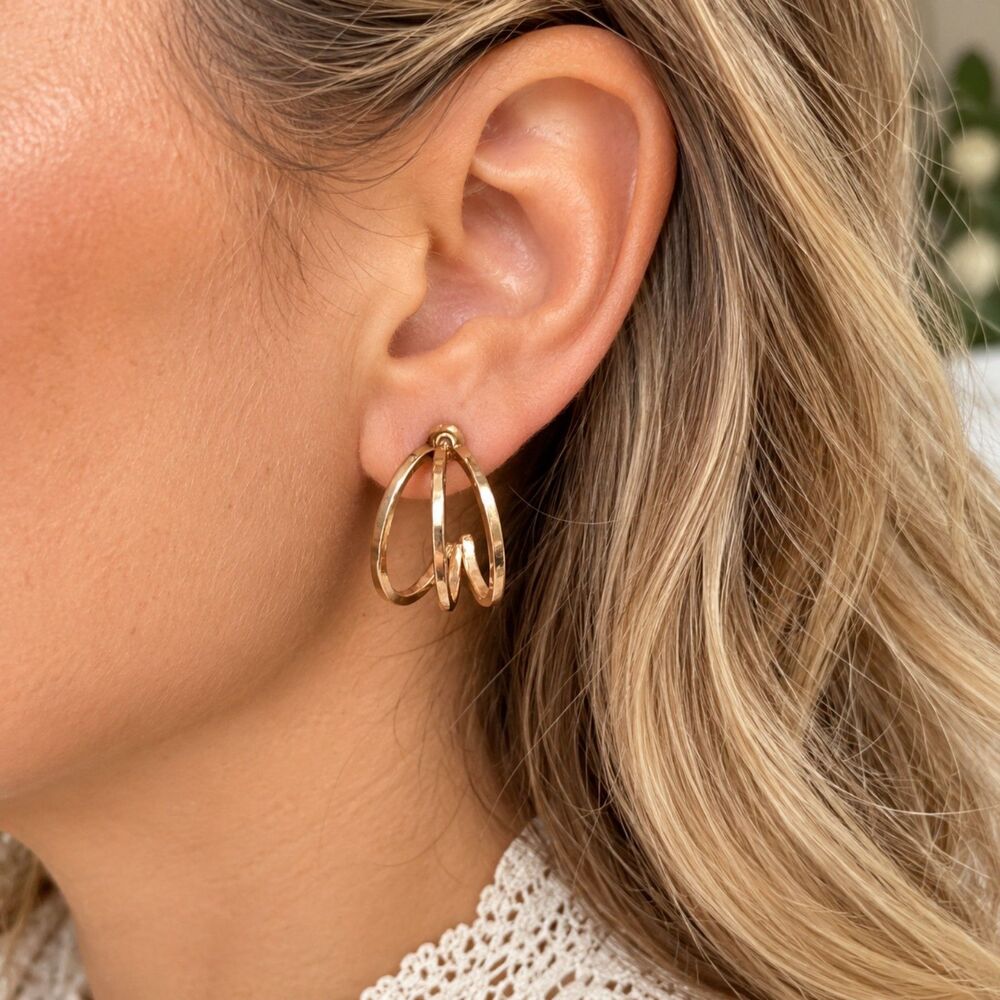 Gold Tone Abstract Swirl Hoop Earrings Sculptural Geometric Vintage Style
